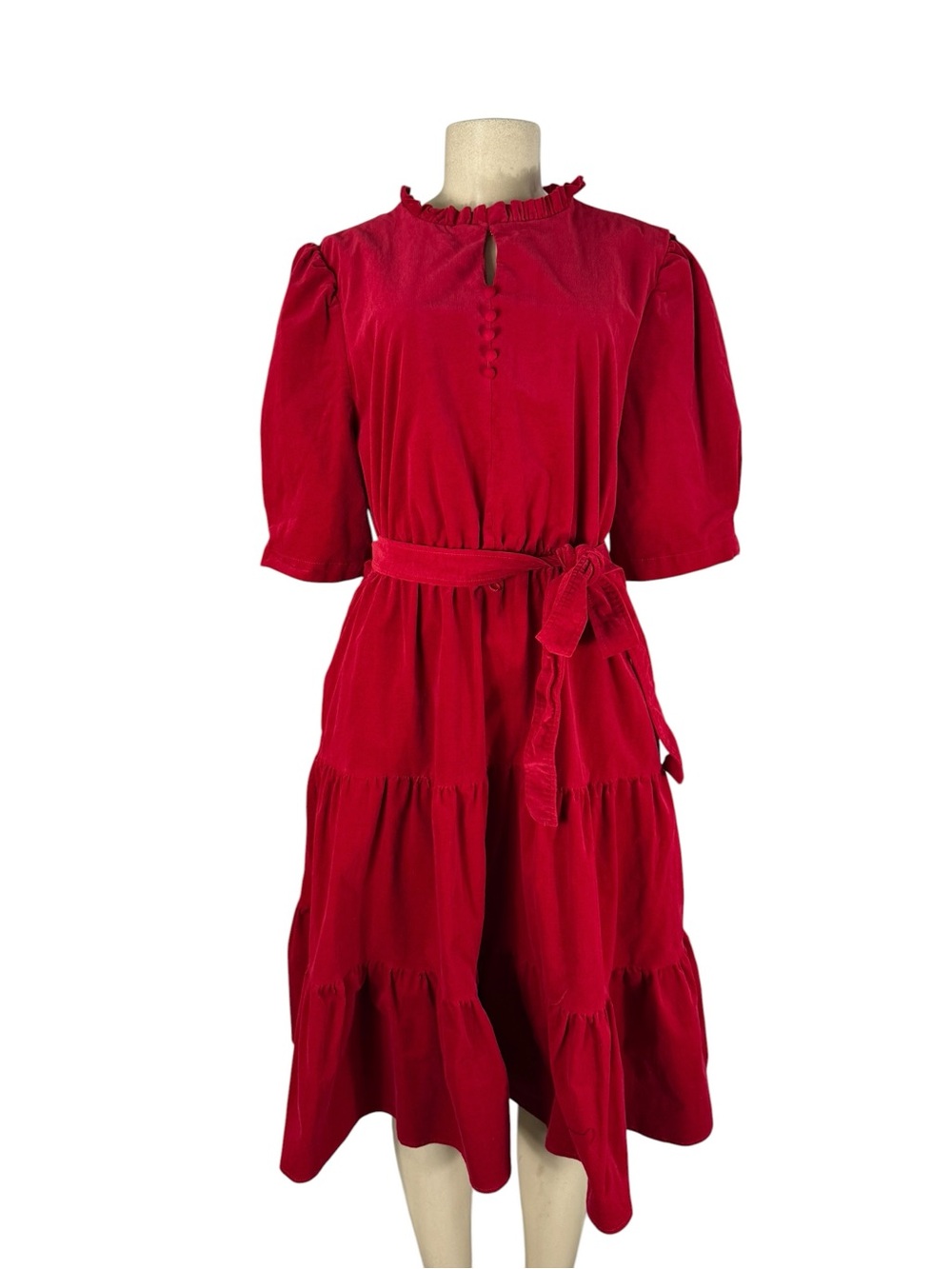 Draper James Scarlet Red Tiered Midi Dress with Waist Tie